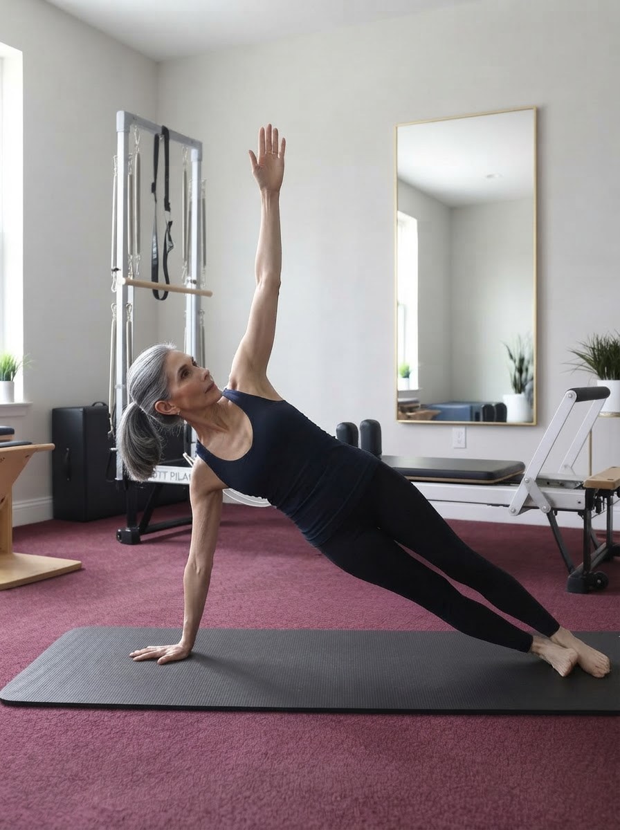 Gina Santangelo in a side plank at the GLOW Body studio