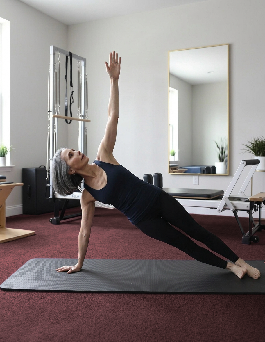 Gina Santangelo in a side plank at the GLOW Body studio