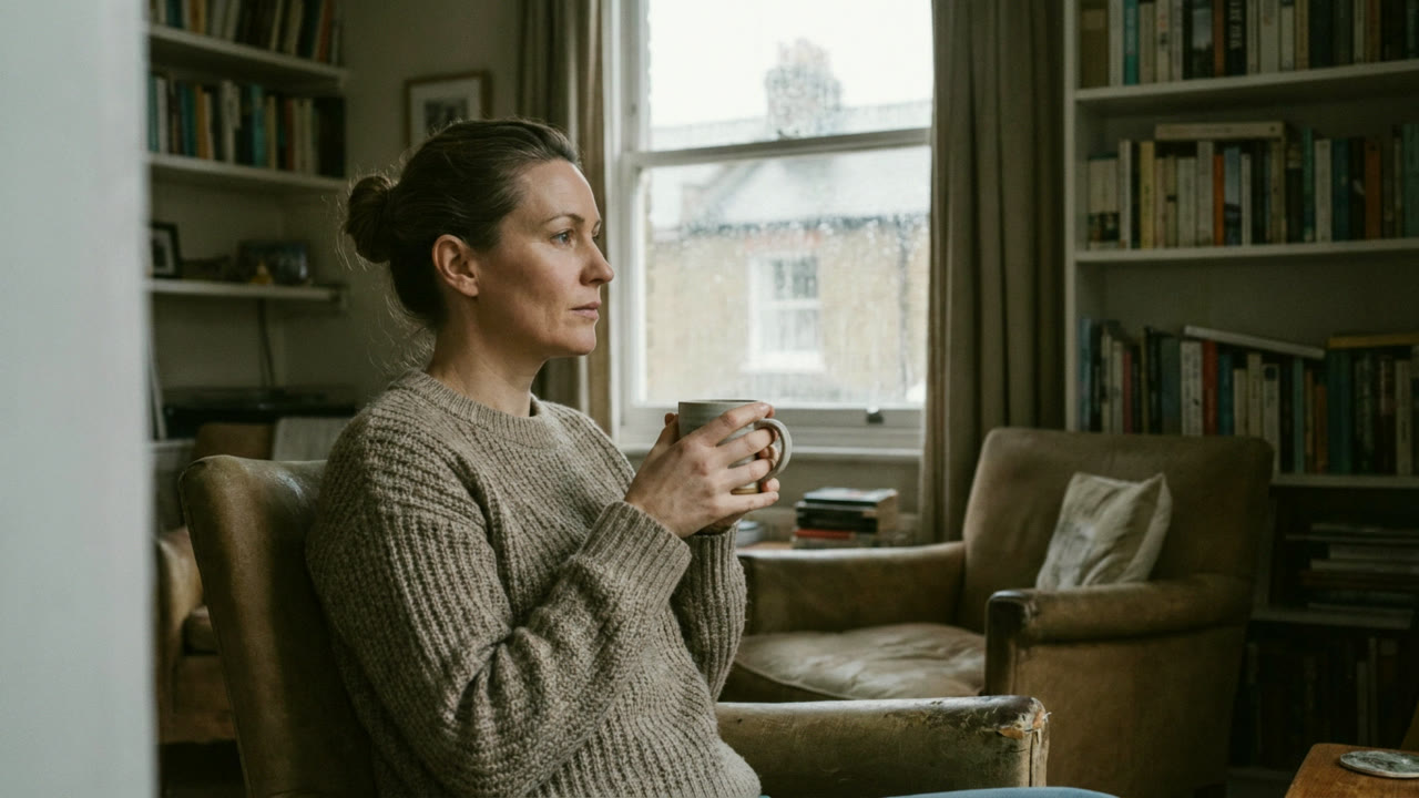 A woman sitting with a mug by a window, thinking