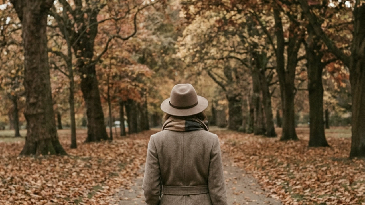 A woman walking alone through an autumn park, seen from behind