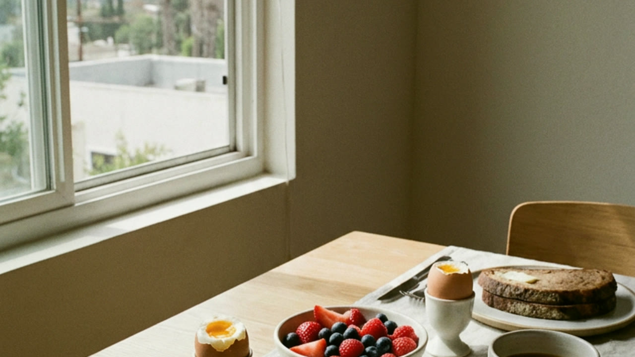 A simple breakfast of eggs, berries and dark bread by a window