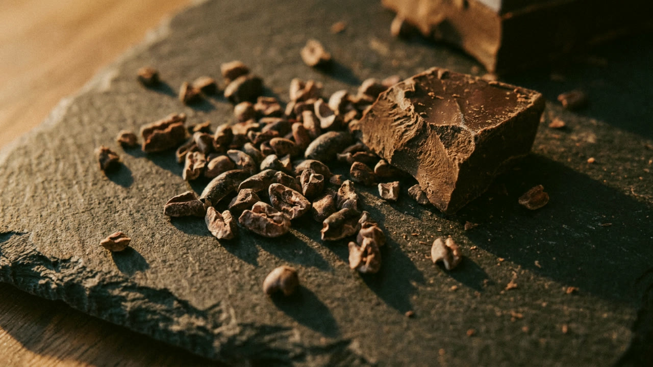 Raw cacao nibs and broken dark chocolate on a dark stone surface