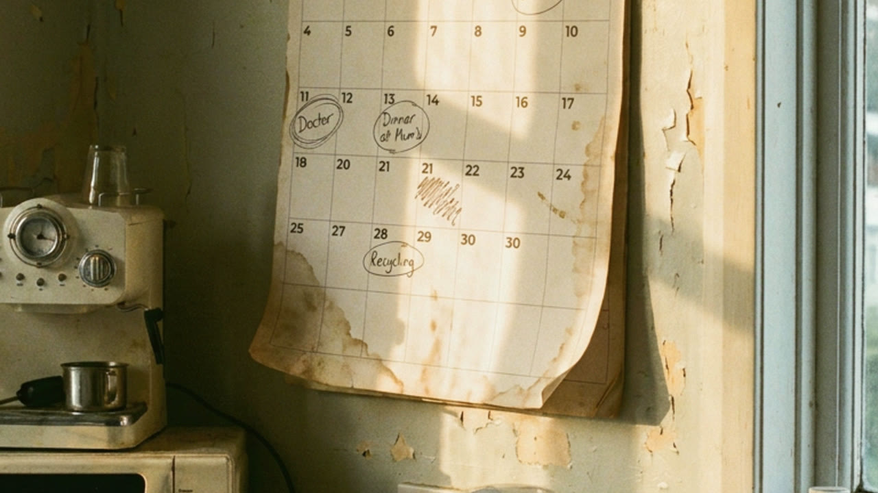 A wall calendar in a kitchen, marked up with the week ahead