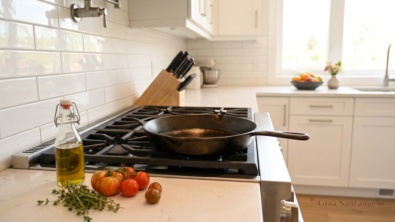 A seasoned cast iron skillet on the stovetop in a bright kitchen