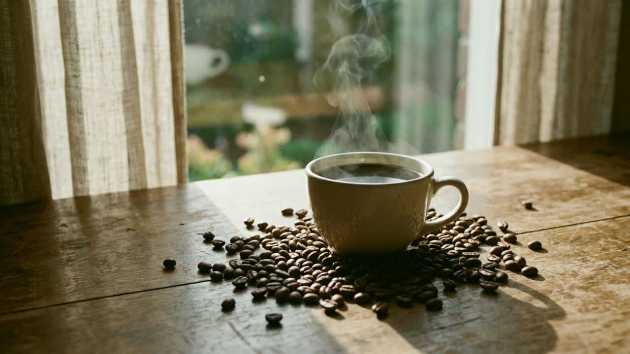 A cup of black coffee beside scattered roasted beans