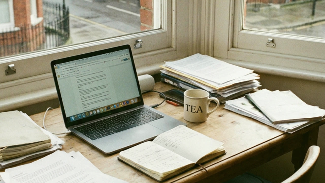 An ordinary desk by a window with a laptop, a mug and an open notebook, nobody sitting there
