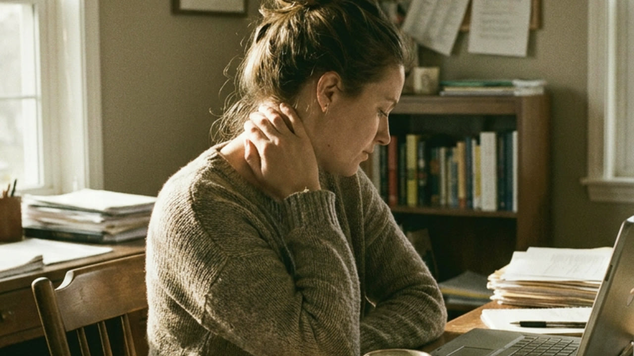 A woman at a desk reaching a hand to the base of her neck