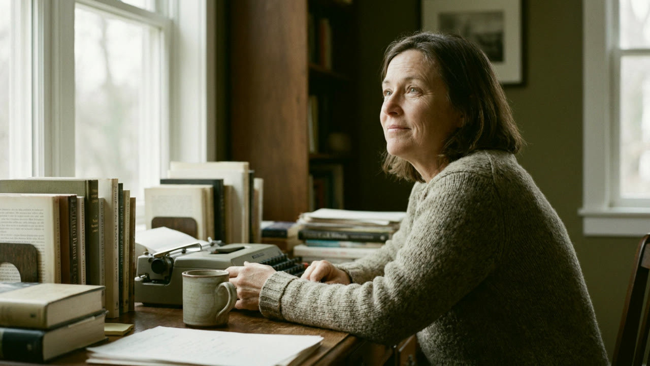 A woman at a desk by a window, mid-thought