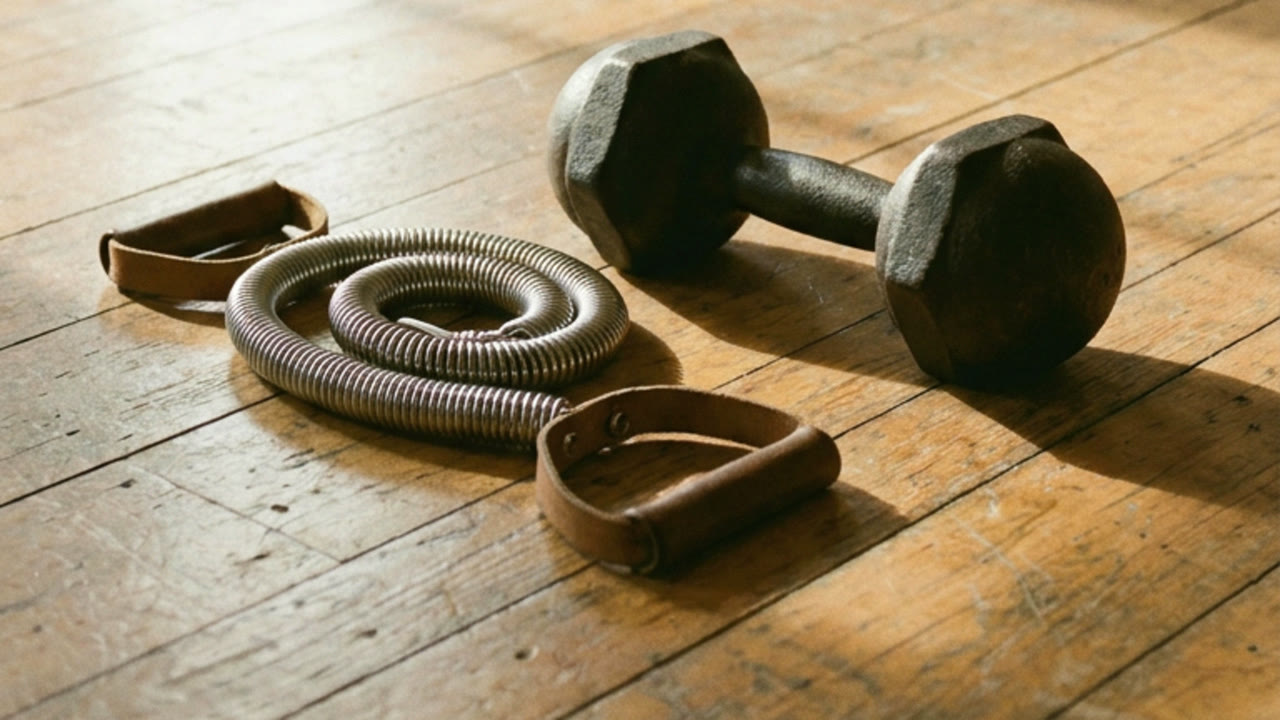 A dumbbell, a resistance spring and leather straps resting on a warm wooden studio floor