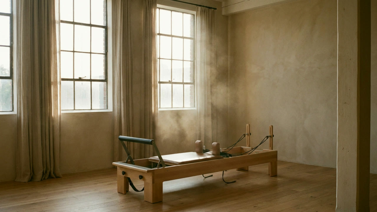 A Pilates reformer in an empty studio in early morning light