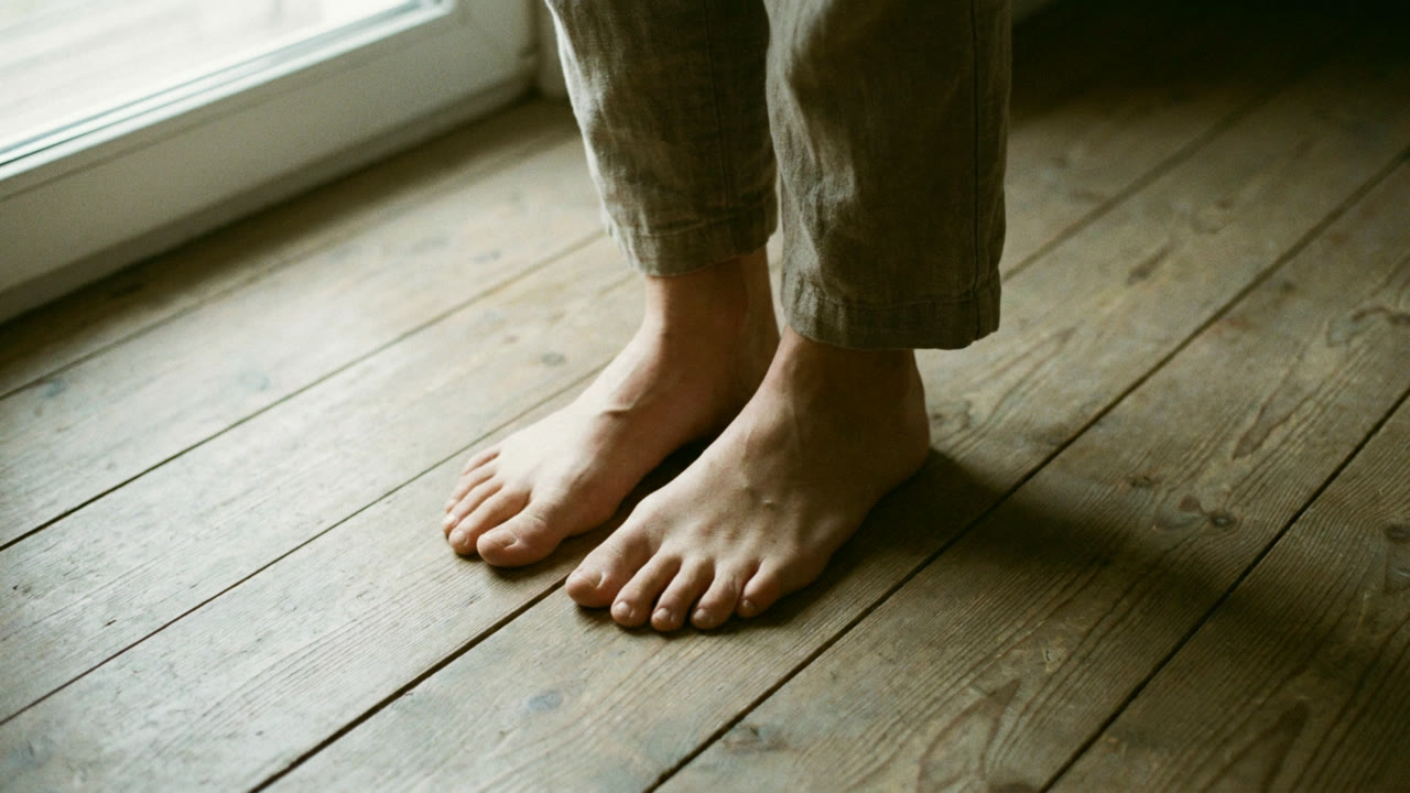 Two bare feet resting on a warm wooden floor