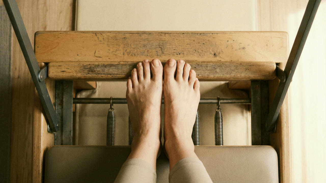 Bare feet on a Pilates reformer footbar seen from above, springs visible