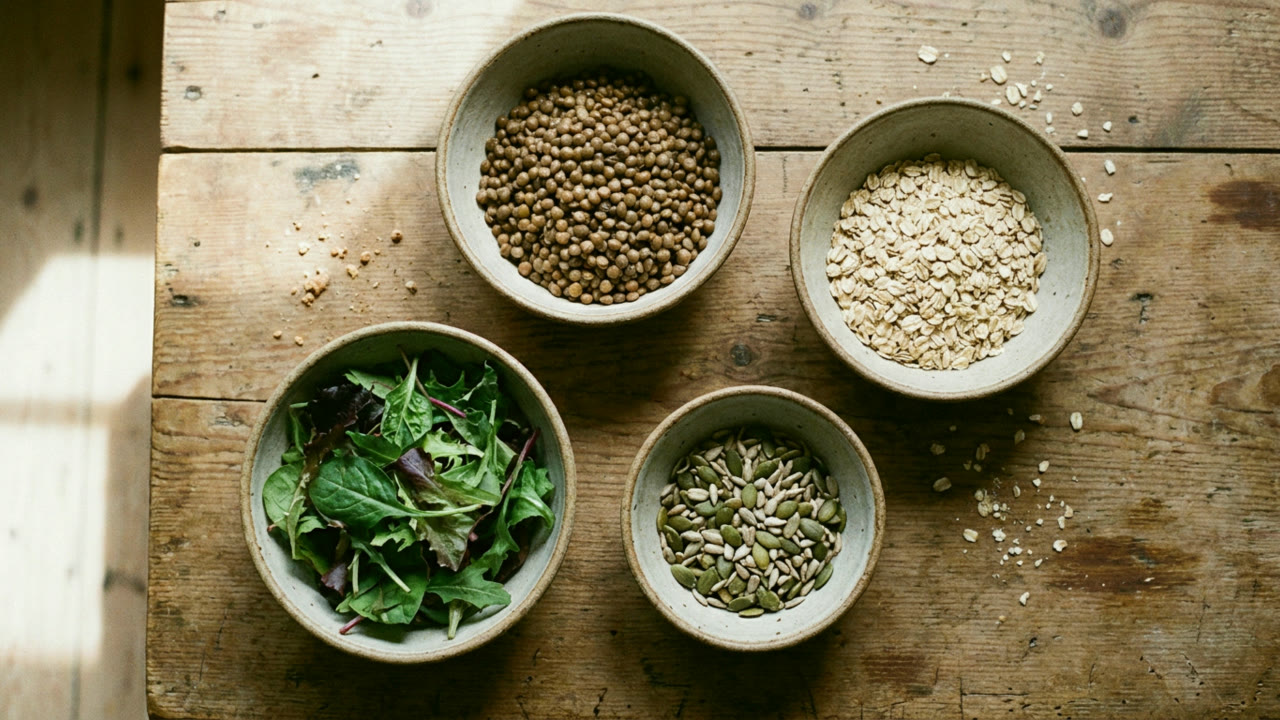 Small bowls of lentils, oats, leafy greens and seeds
