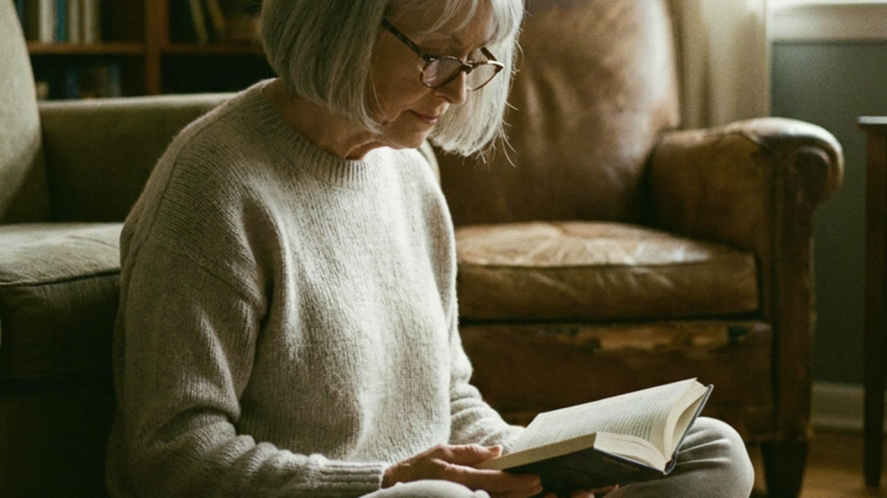 A woman sitting cross-legged on a rug, reading