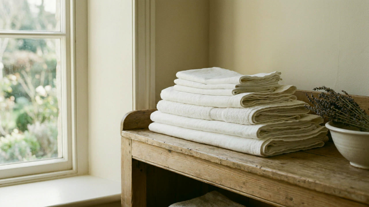 Folded white linen and towels stacked on a wooden shelf