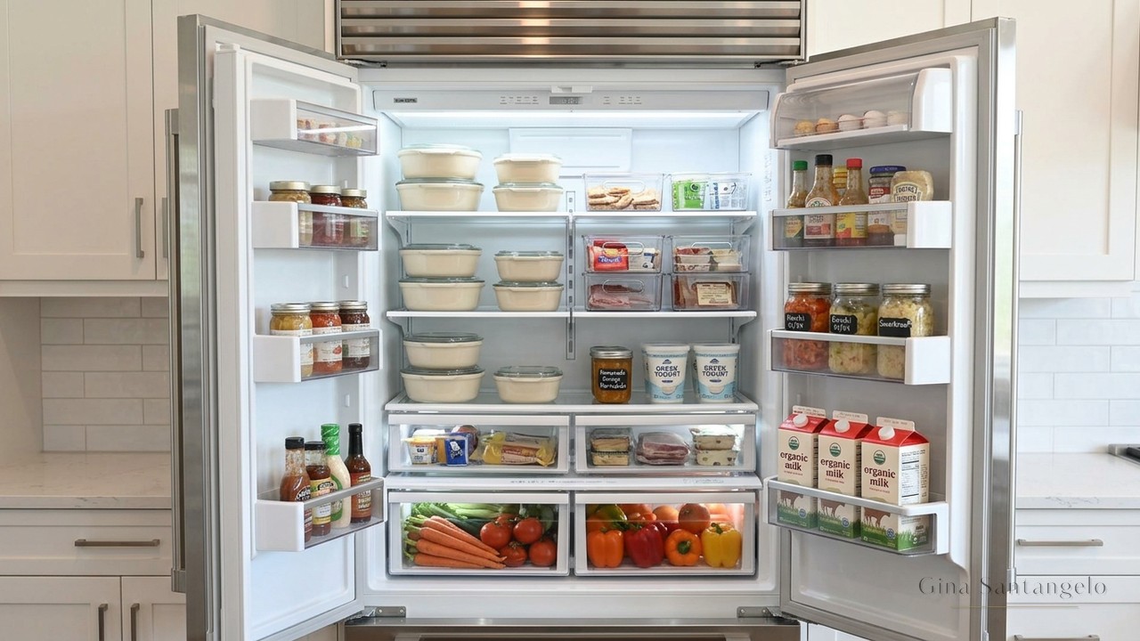 An organized refrigerator with clear storage and produce drawers