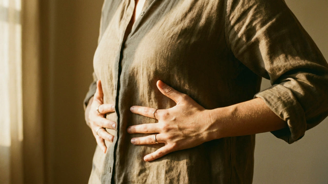 Hands placed on the sides of the lower ribs, mid-breath