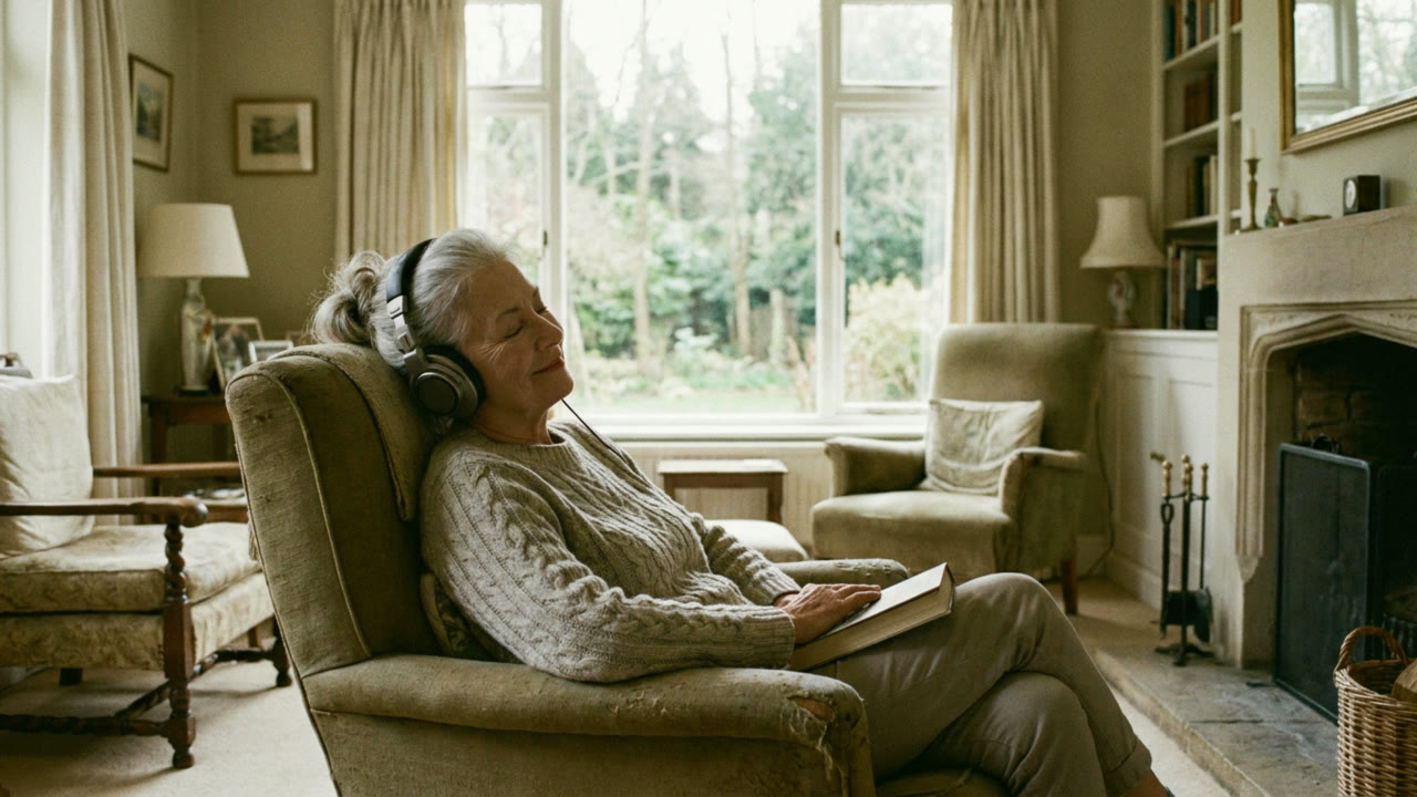 A woman in an armchair listening with headphones, eyes closed