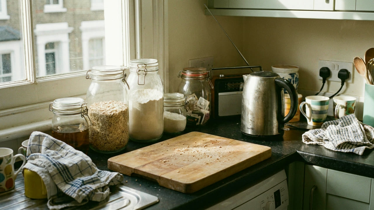 An ordinary lived-in kitchen counter in morning light