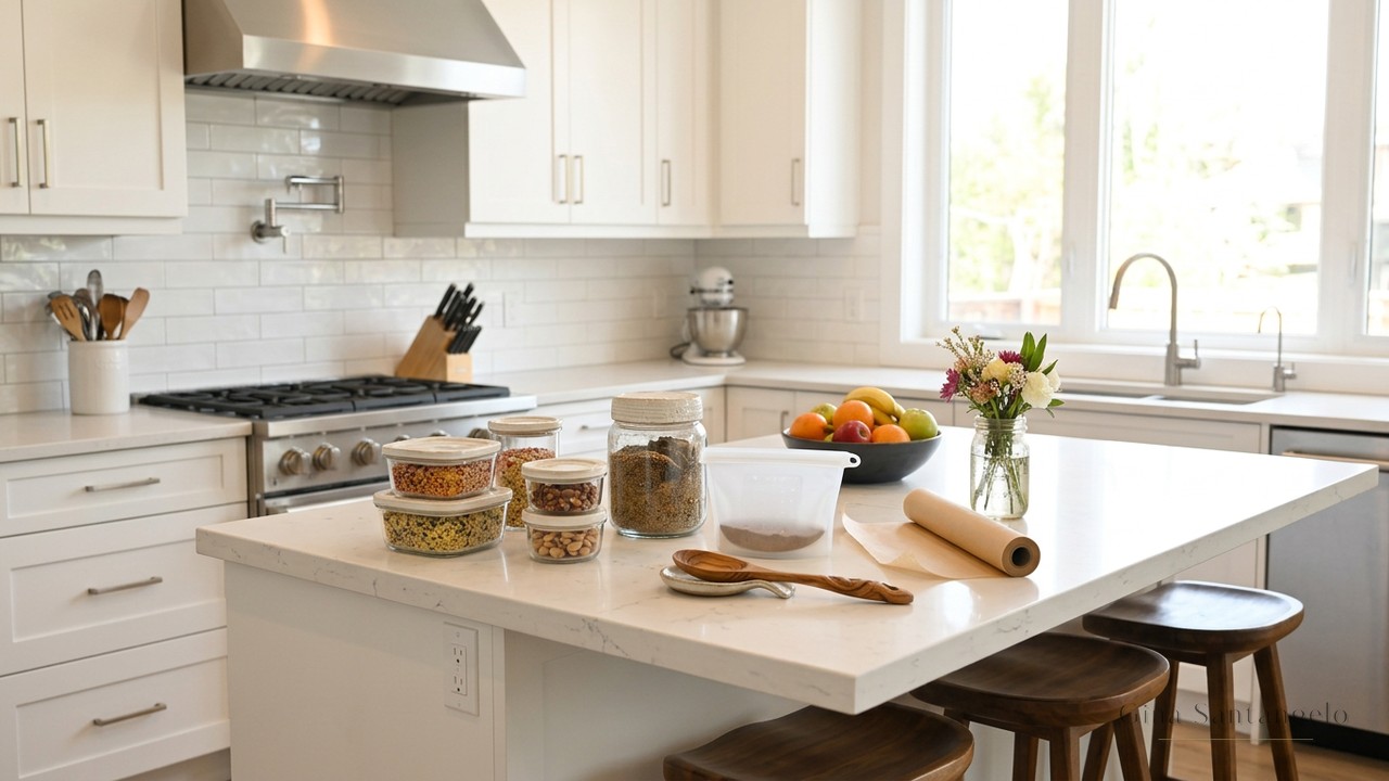 Glass storage, wooden spoons, and parchment on a bright kitchen counter