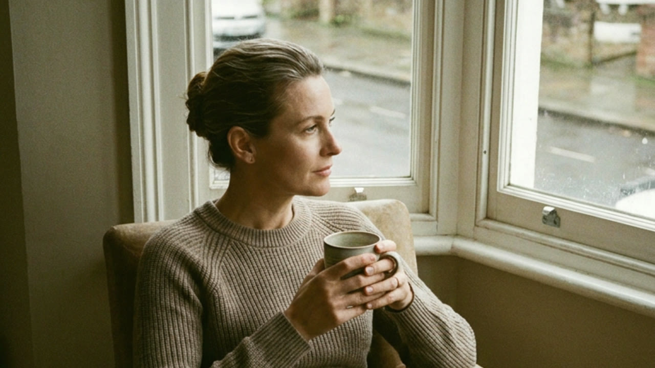 A woman sitting by a window with a mug, mid-thought