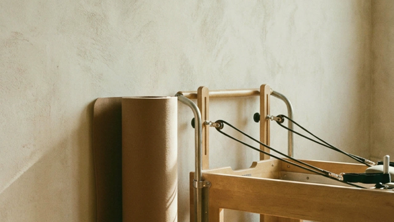 A rolled mat leaning beside Pilates equipment in a quiet studio