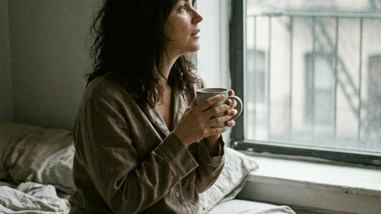 A woman sitting by a window with a mug in early morning light