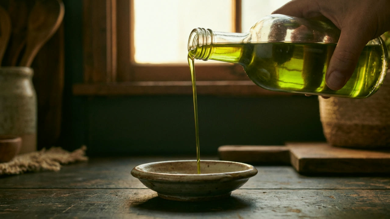 Olive oil pouring into a small dish, backlit