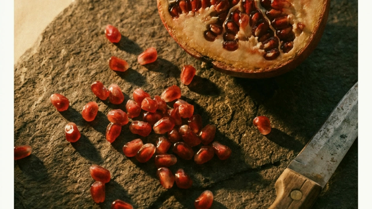 A halved pomegranate and scattered seeds on a dark stone surface