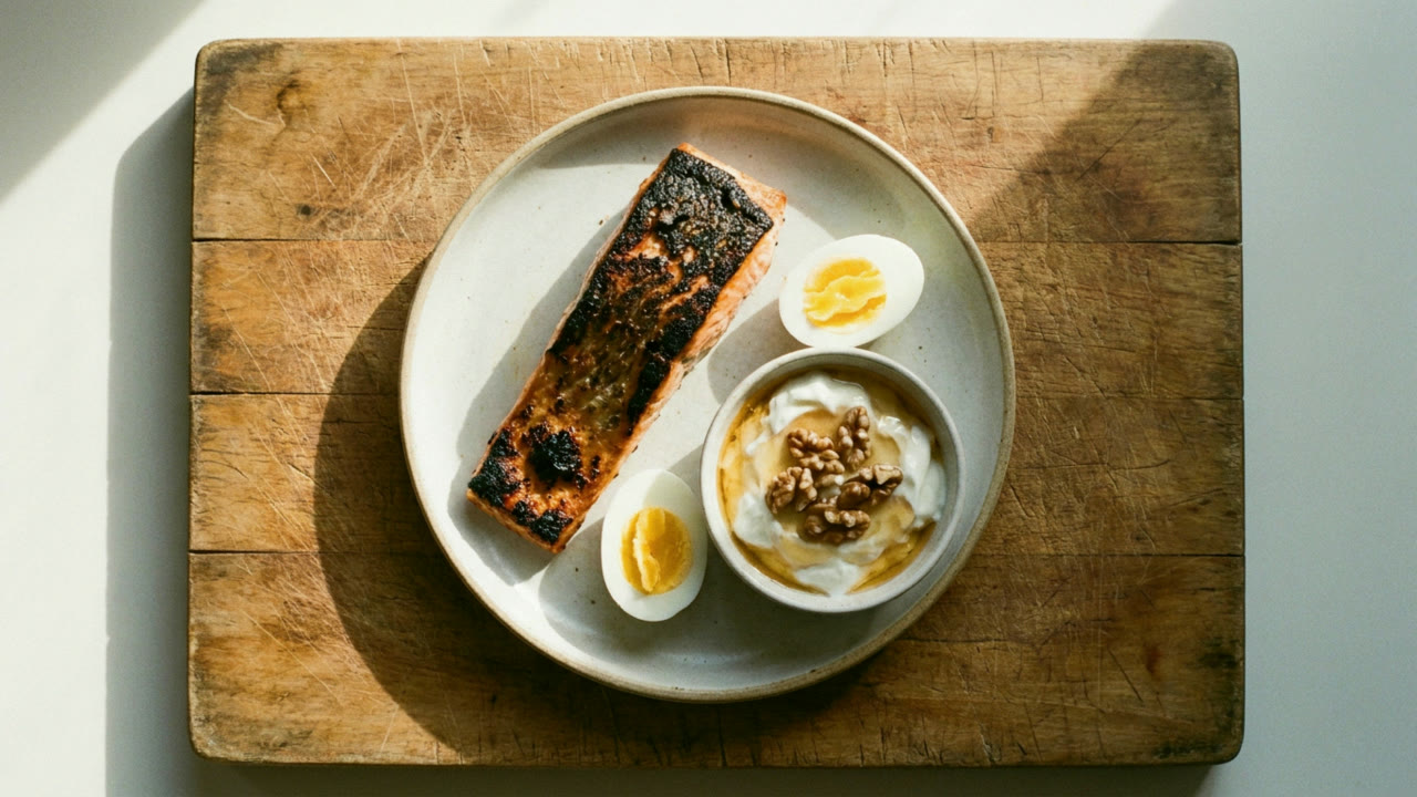 A plate of salmon, boiled eggs and Greek yogurt on a wooden board
