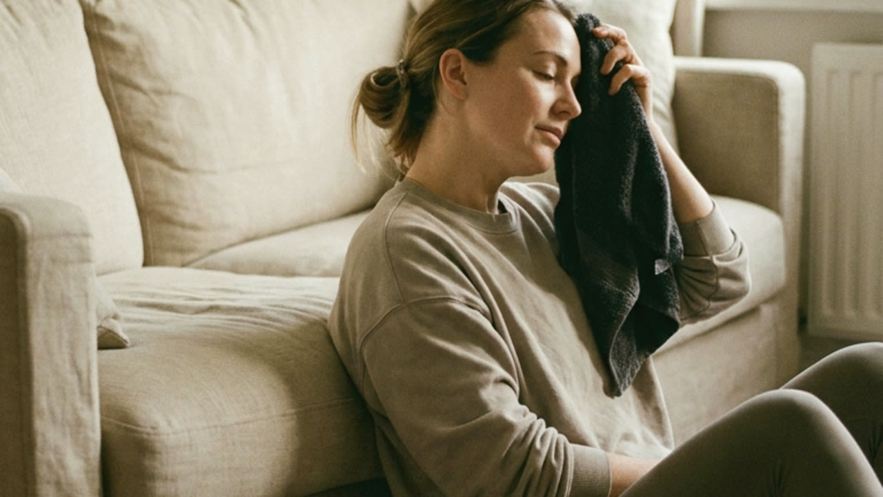 A woman sitting on the floor against a sofa after exercise