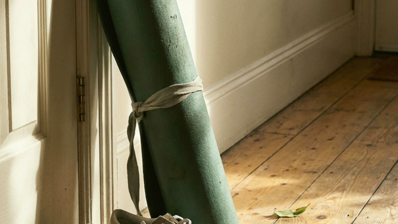 A rolled exercise mat leaning in a doorway