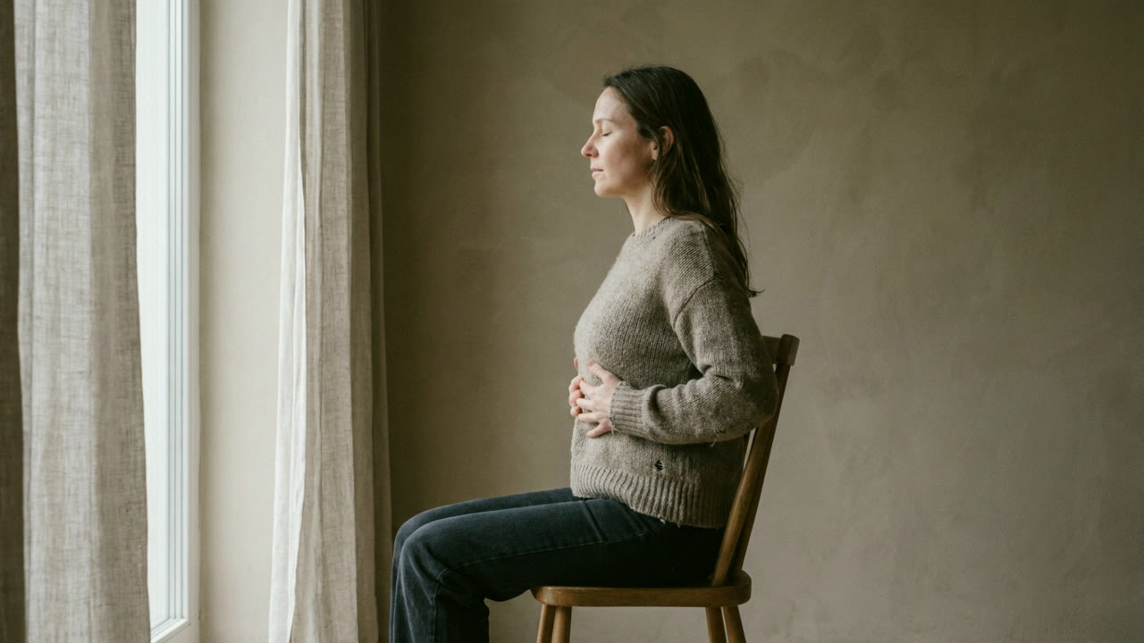 A woman seated by a window, hands resting on her ribs, mid-breath
