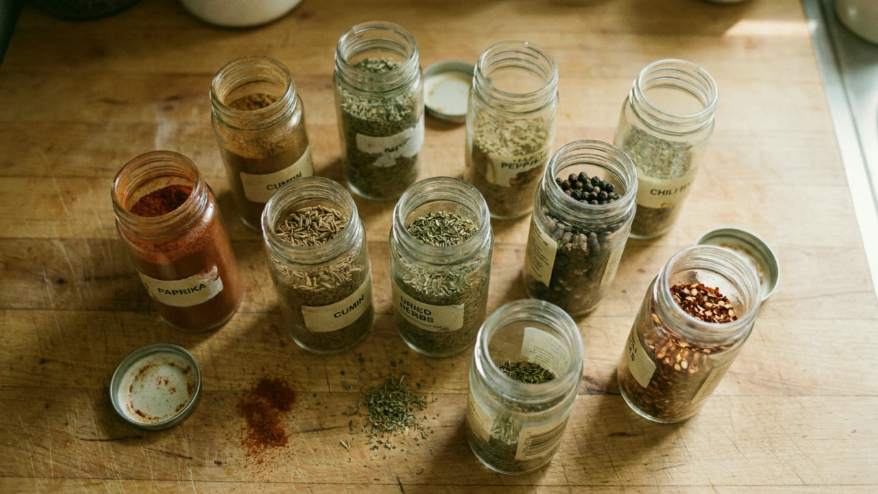 Open glass spice jars on a wooden counter, seen from above