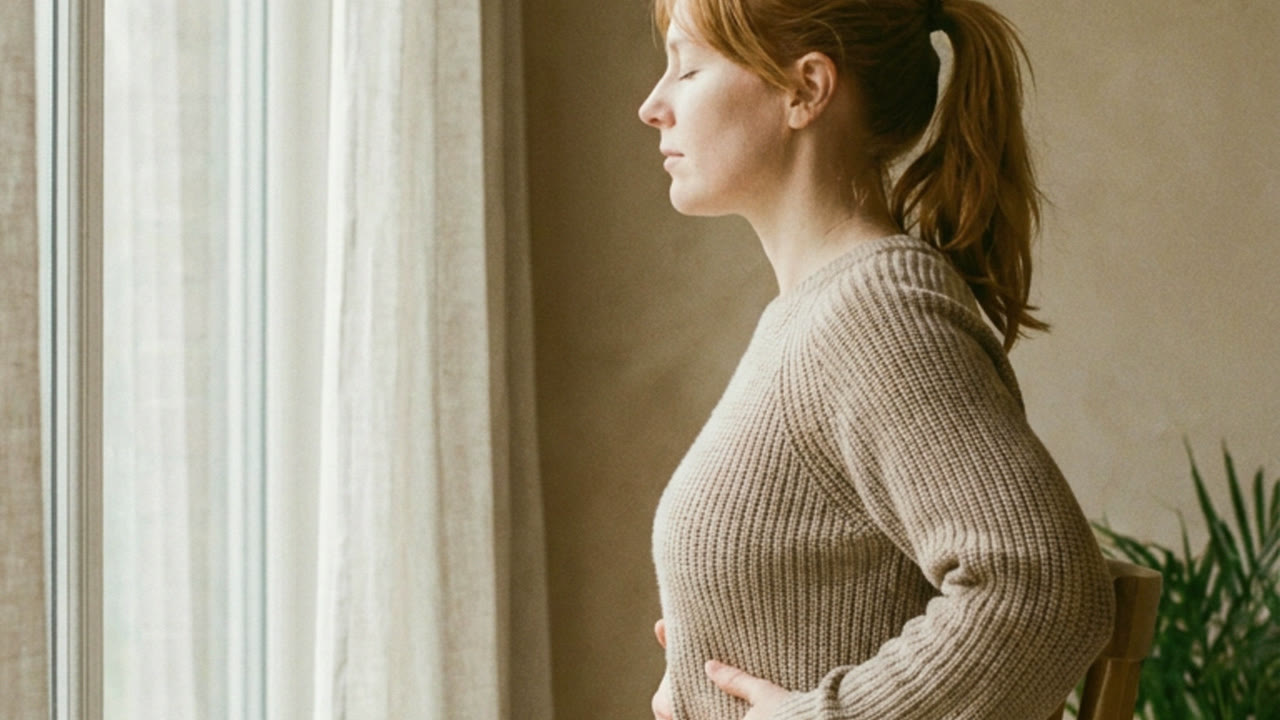 A woman standing quietly by a window, one hand resting at her lower back