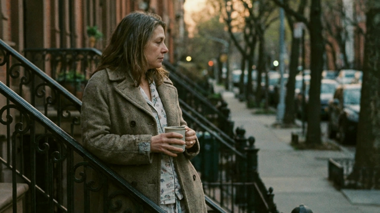 A woman standing on a brownstone stoop with a coffee at dawn