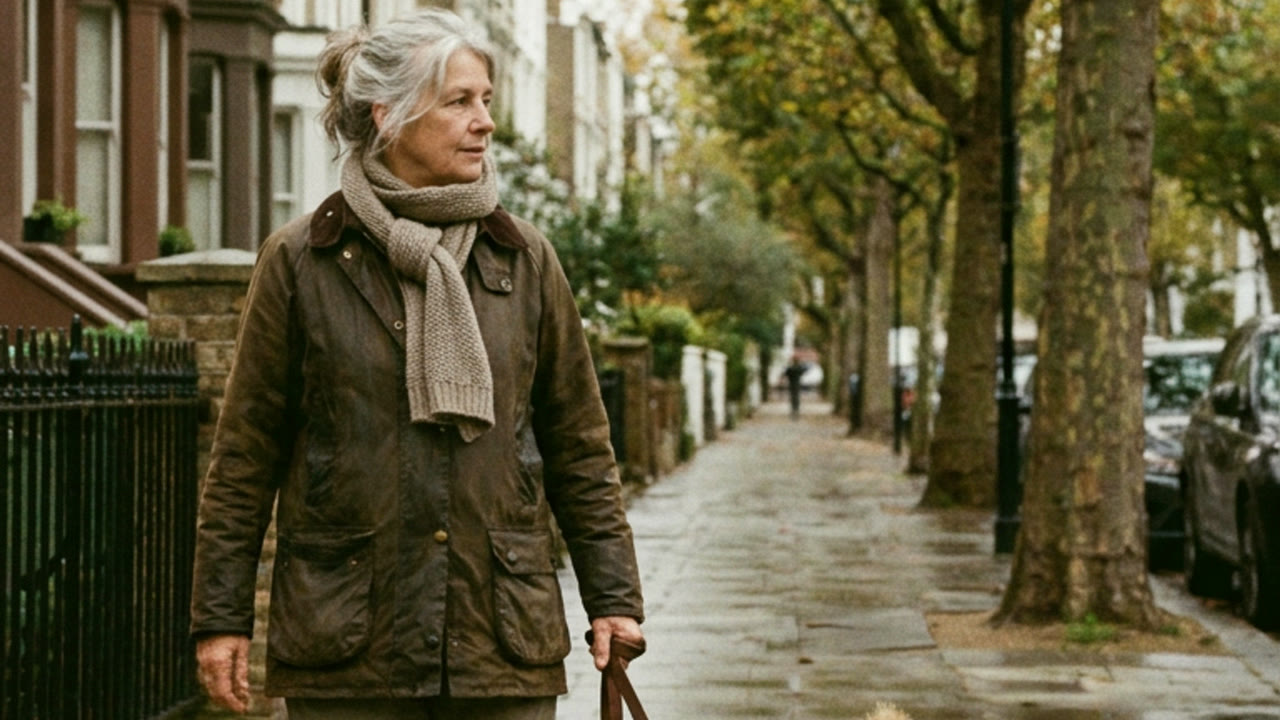 A woman walking along a tree-lined street in the morning