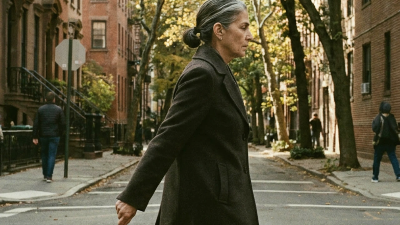 A woman walking alone along a tree-lined street