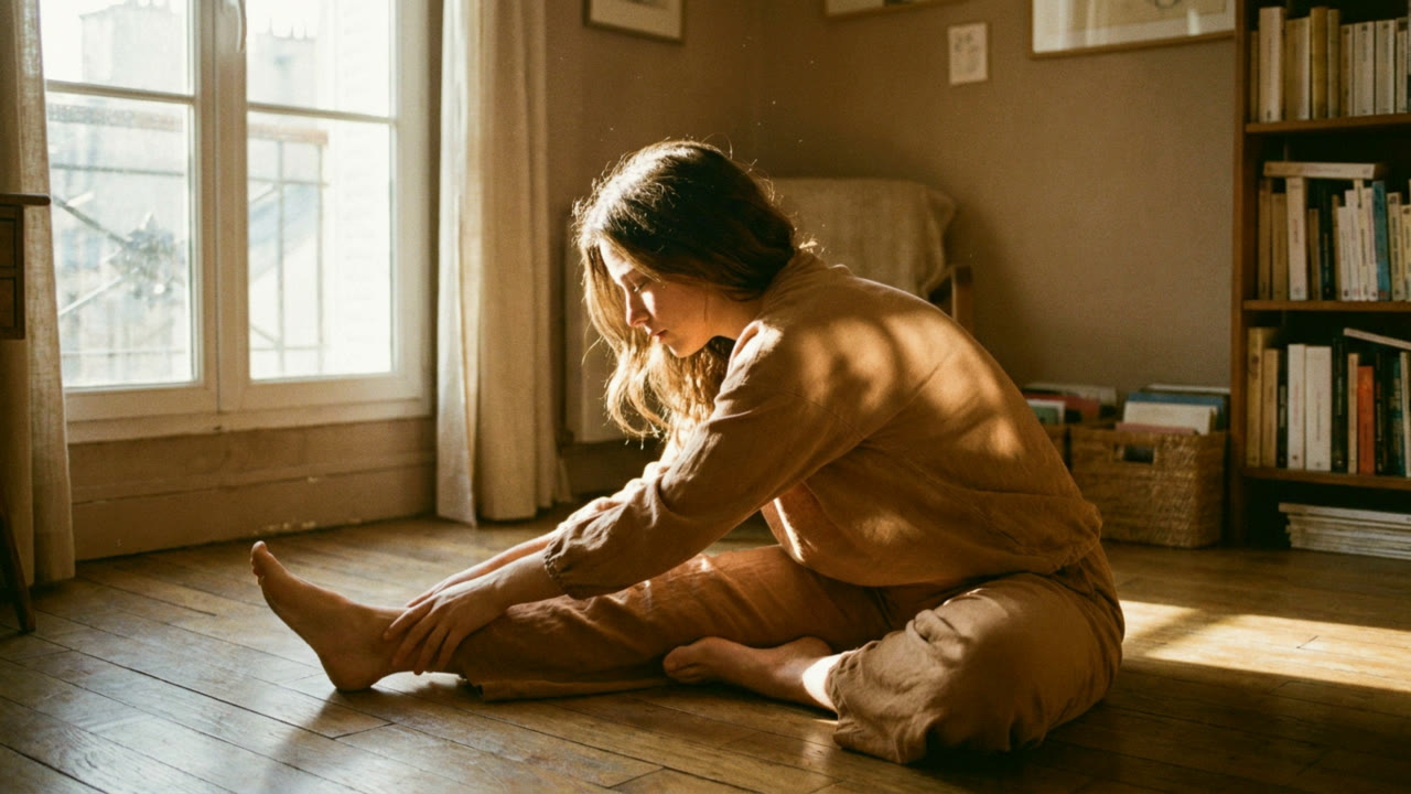 Seated forward stretch in morning window light