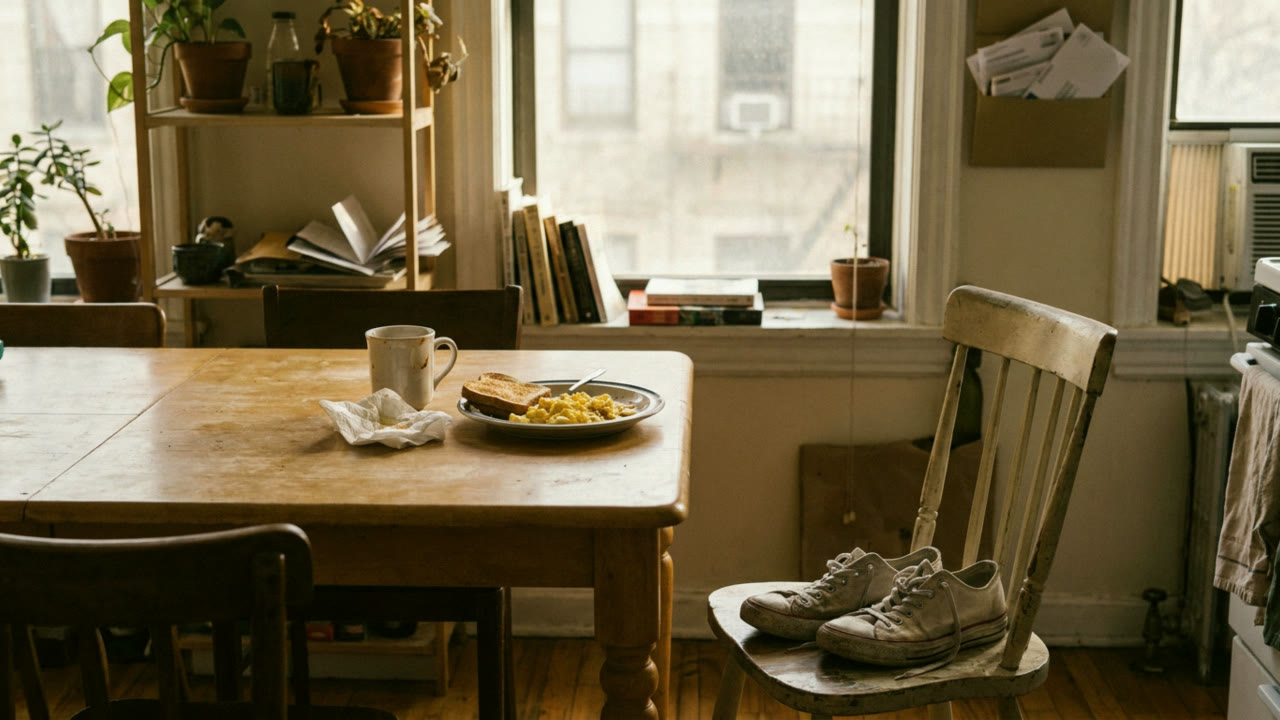 A kitchen table with a plate of food and trainers on the chair beside it