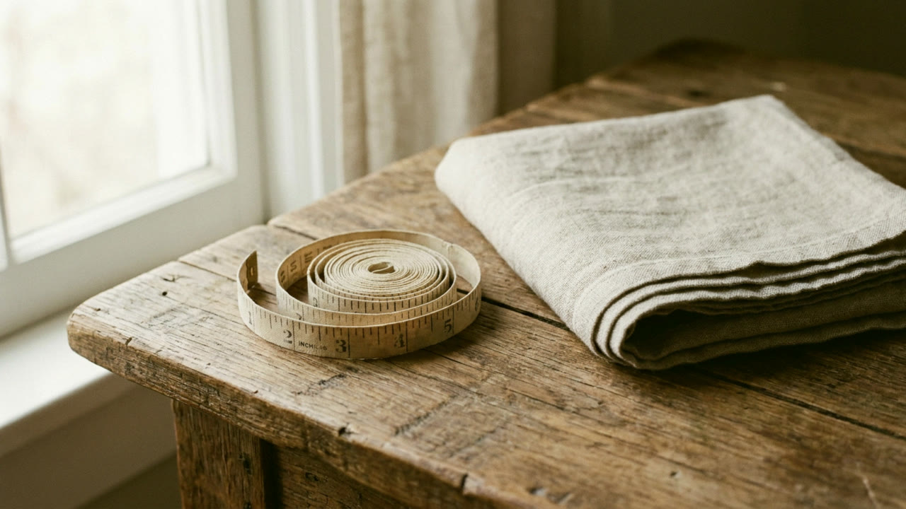 A cloth tape measure and folded towel on a wooden table