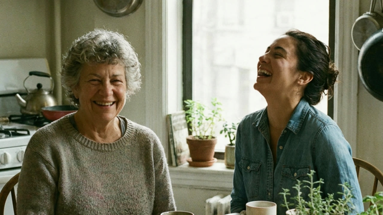 Two women of different ages laughing together in a kitchen