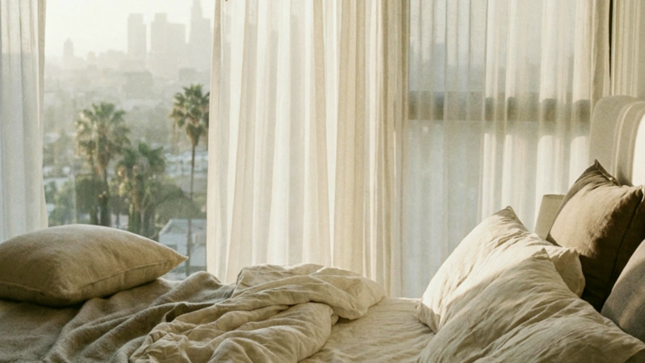 An unmade bed in morning light