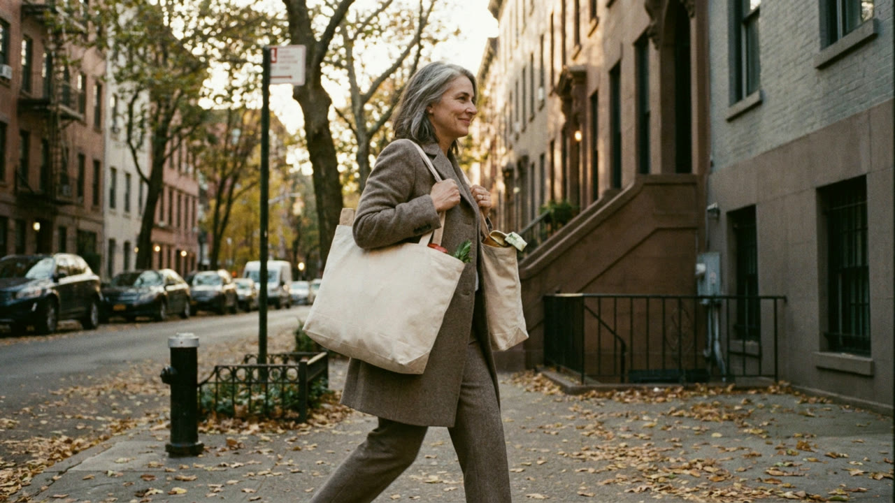 A woman walking along a tree-lined street carrying shopping