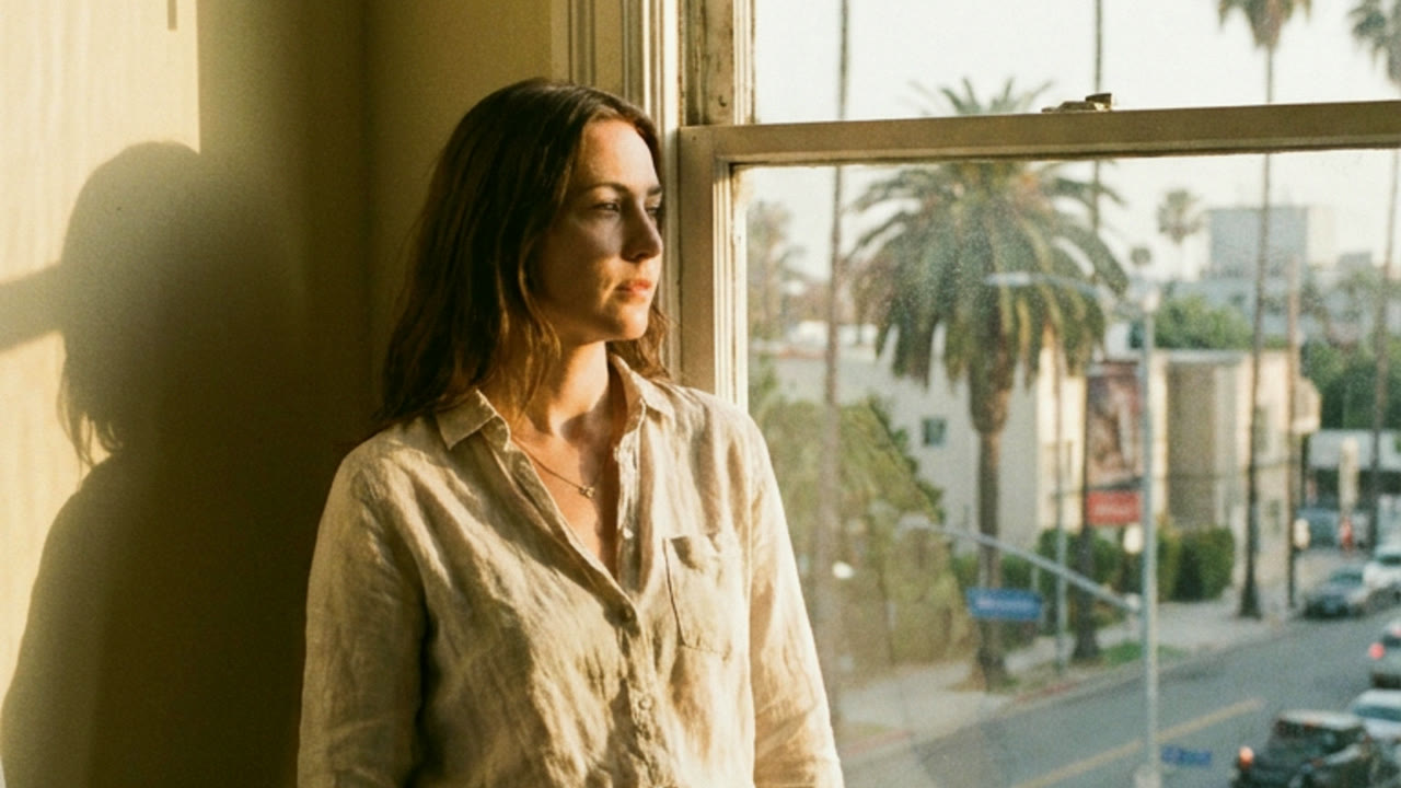A woman pausing at a tall window in late afternoon light