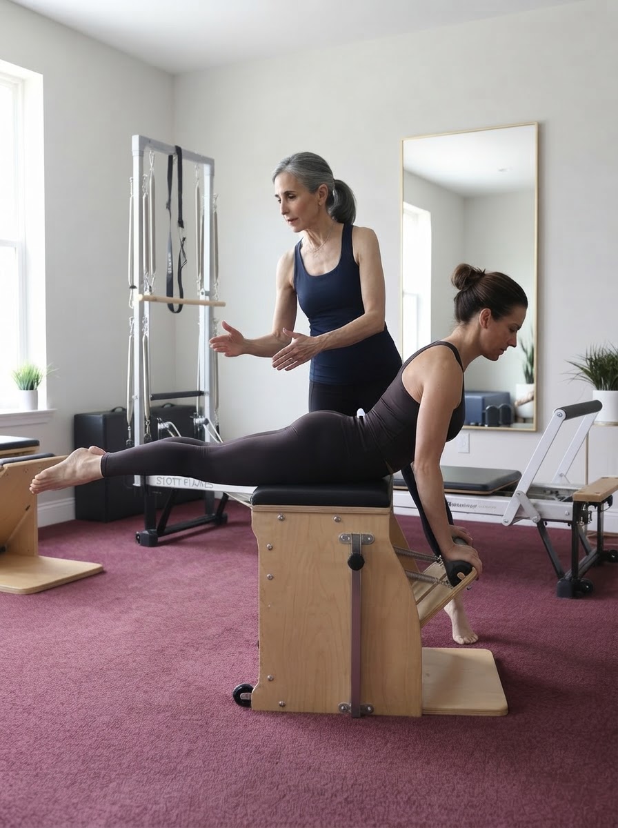 Gina Santangelo cueing a client through a long stretch on the stability chair at the GLOW Body studio