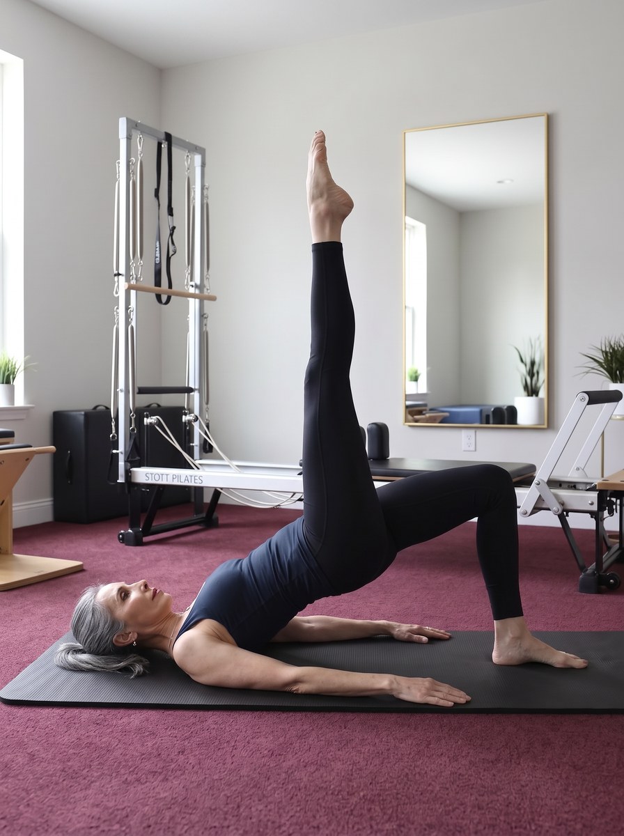Gina Santangelo in a shoulder bridge with one leg extended on the mat
