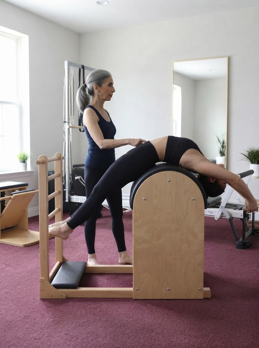 Gina Santangelo supporting a client through a backbend over the ladder barrel