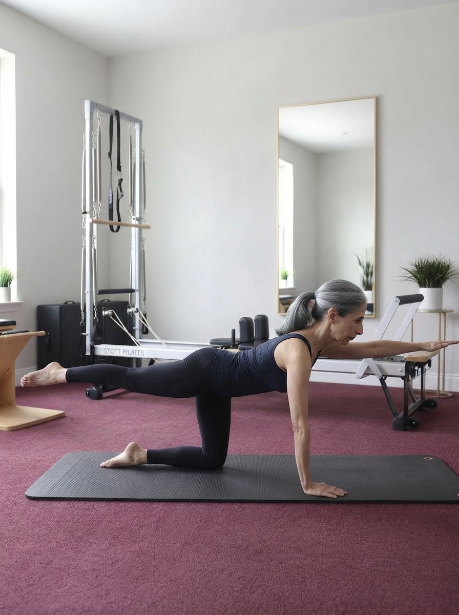 Gina Santangelo in an opposite arm and leg extension on the mat