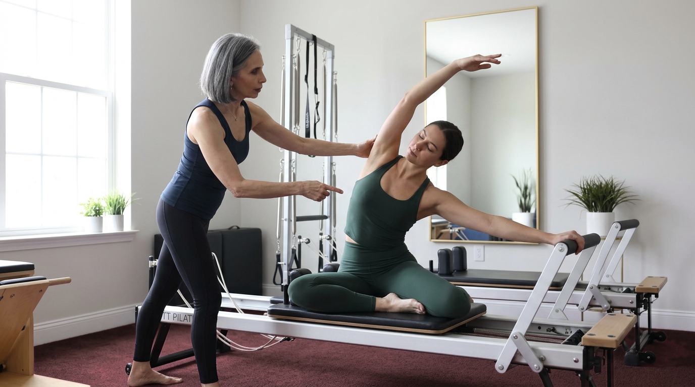 Gina Santangelo coaching a client through a strength exercise at the GLOW Body studio